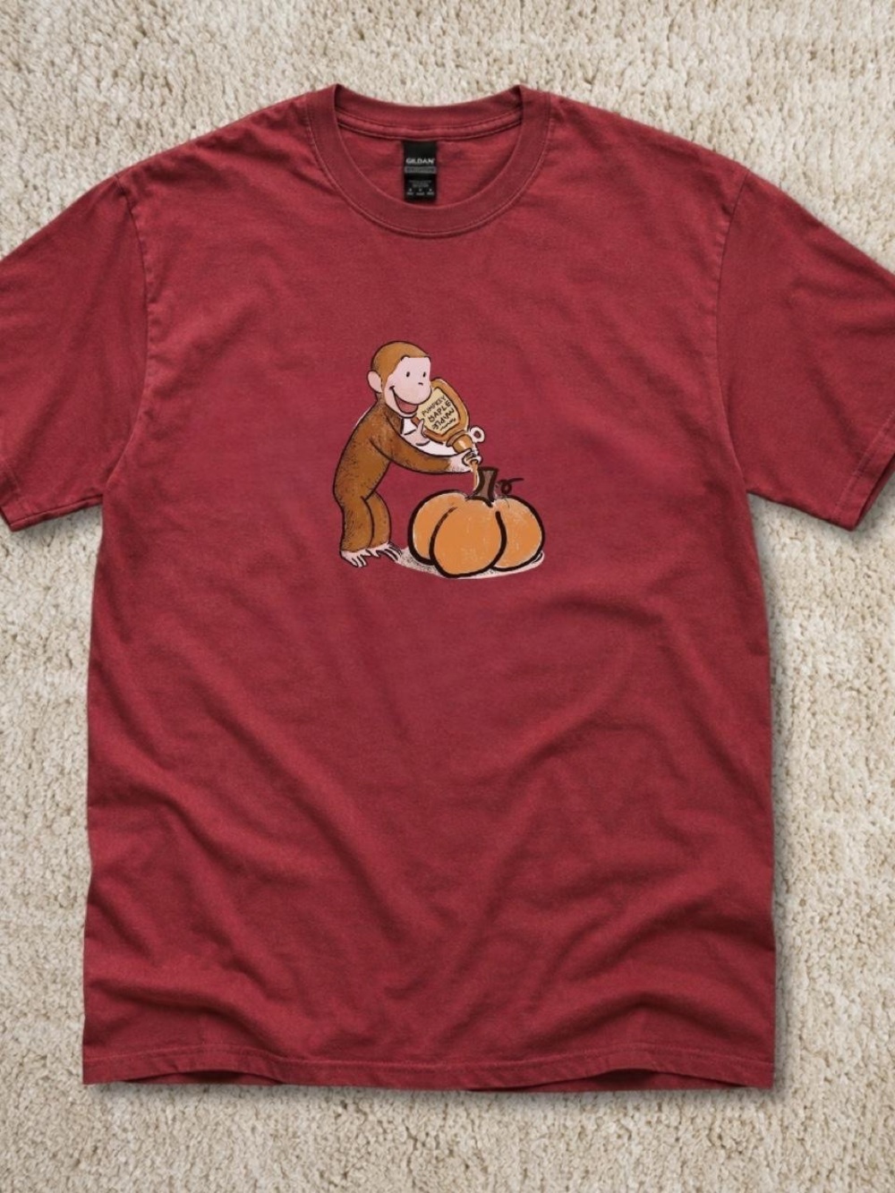 Gildan Red Curious Monkey Pumpkin Graphic Tee